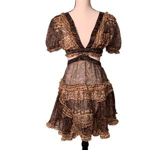 Eleanor 1970’s Style Cutout Dress Spliced Print Mini Dress with Ruffle Details M